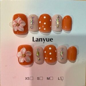 Orange, nude, and Pink Floral Nail Set